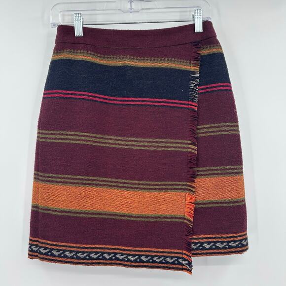Loft Southwestern Blanket Faux Wrap Skirt Fringe Red Striped Cotton Womens Sz 2 - Picture 3 of 12
